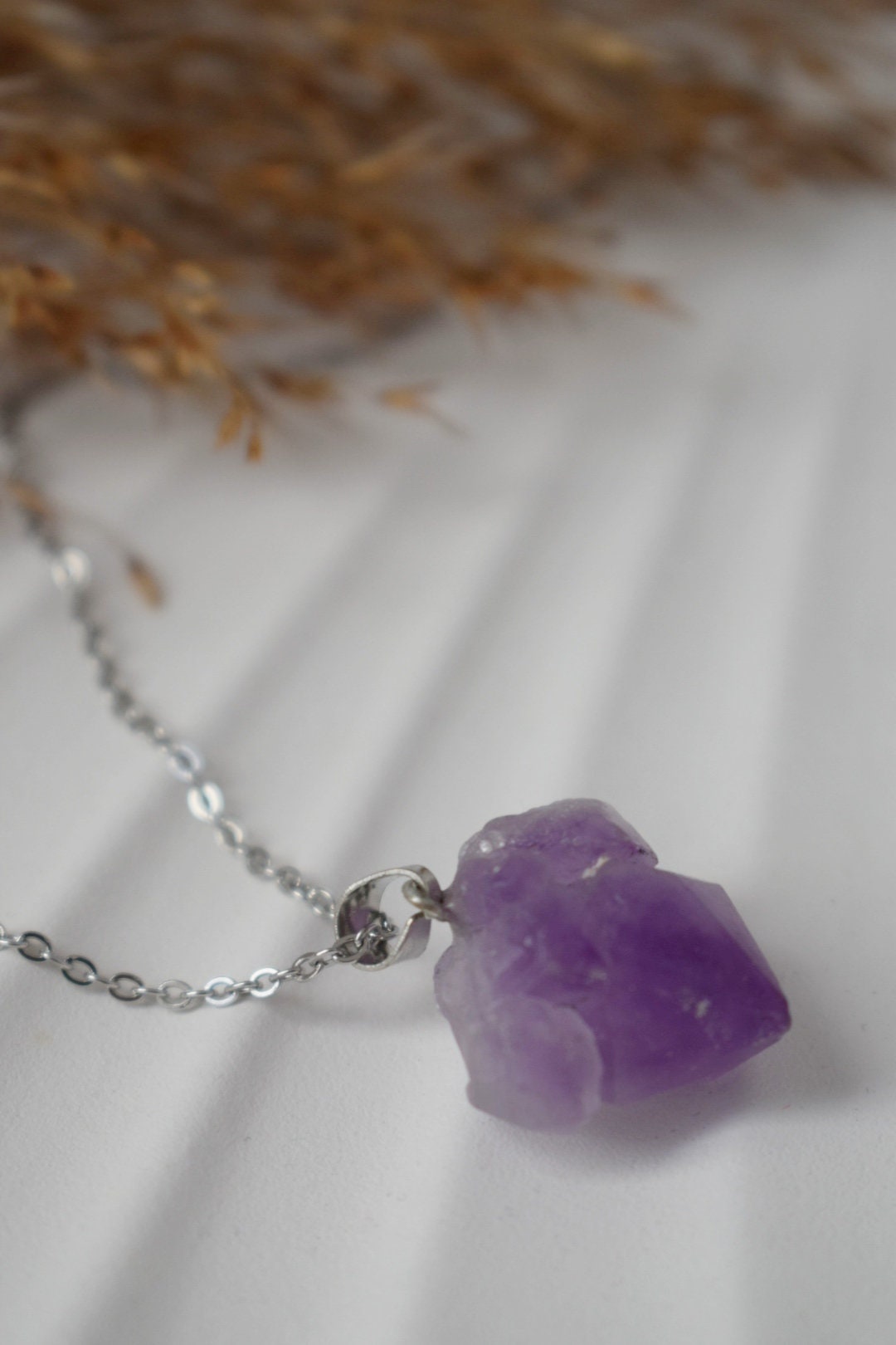 Amethyst Nugget Pendant Necklace: Stainless Steel, February Birthstone Jewelry
