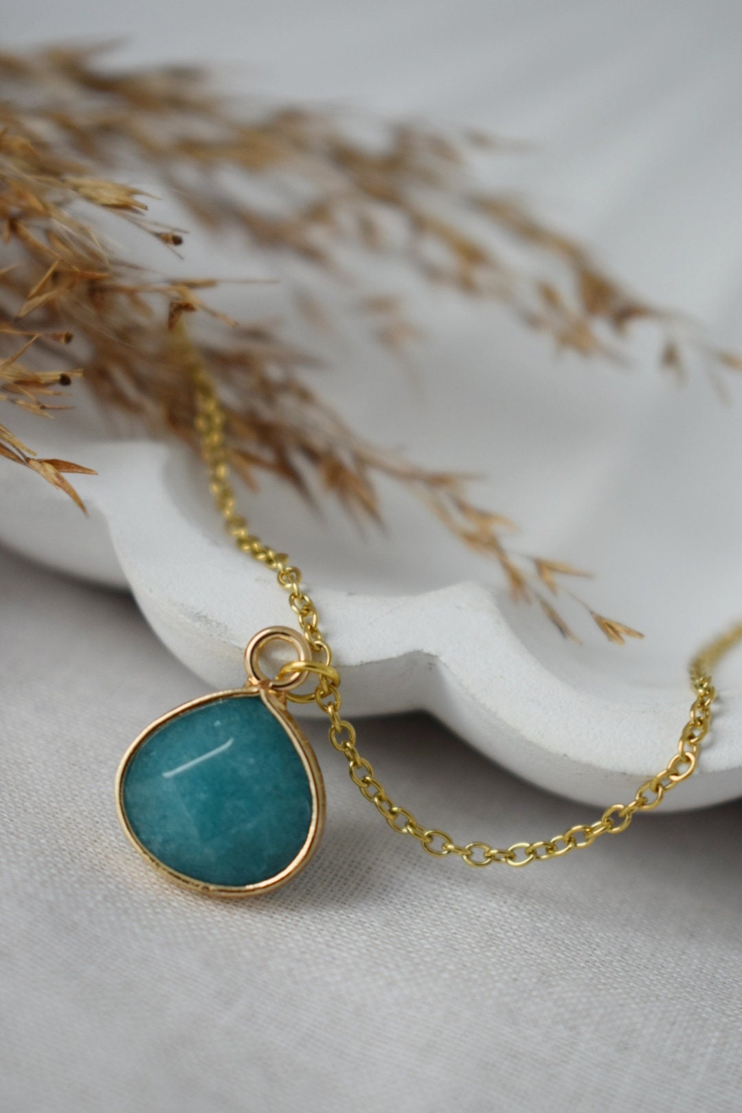 Teardrop Jade Pendant Necklace, 18k Gold Plated Chain