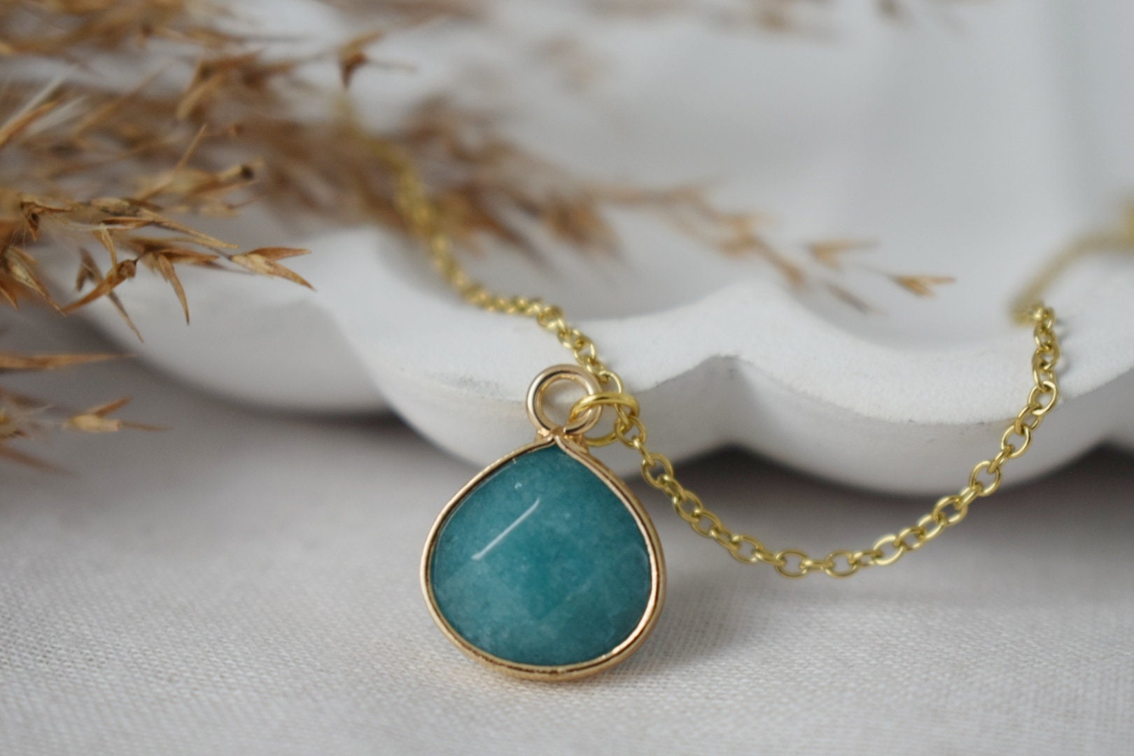 Teardrop Jade Pendant Necklace, 18k Gold Plated Chain