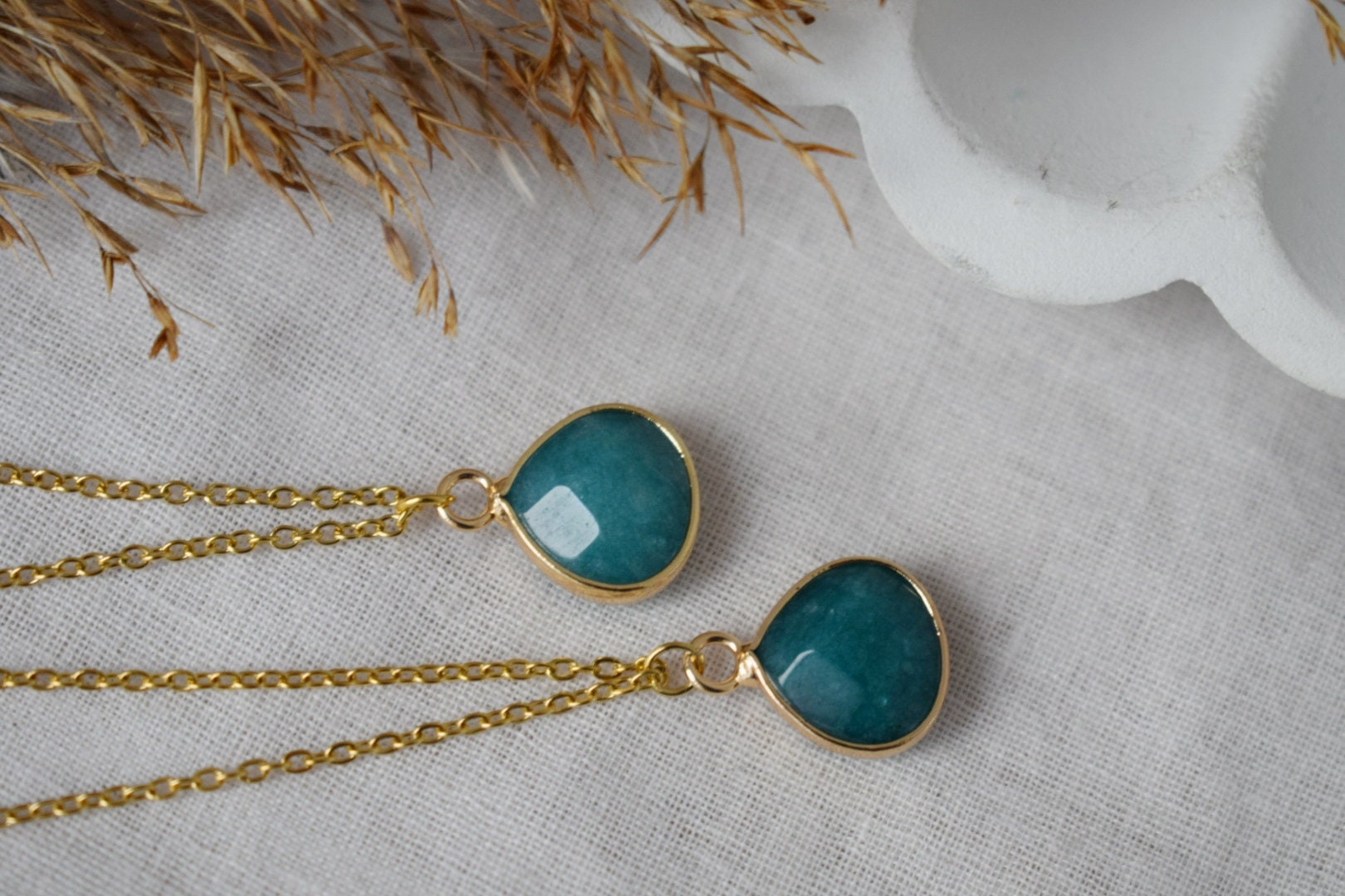 Teardrop Jade Pendant Necklace, 18k Gold Plated Chain