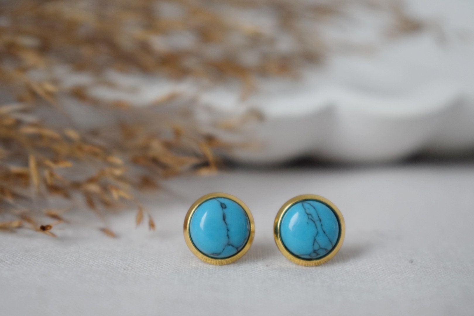 Small Turquoise Stud Earrings: 18k Gold Plated Stainless Steel