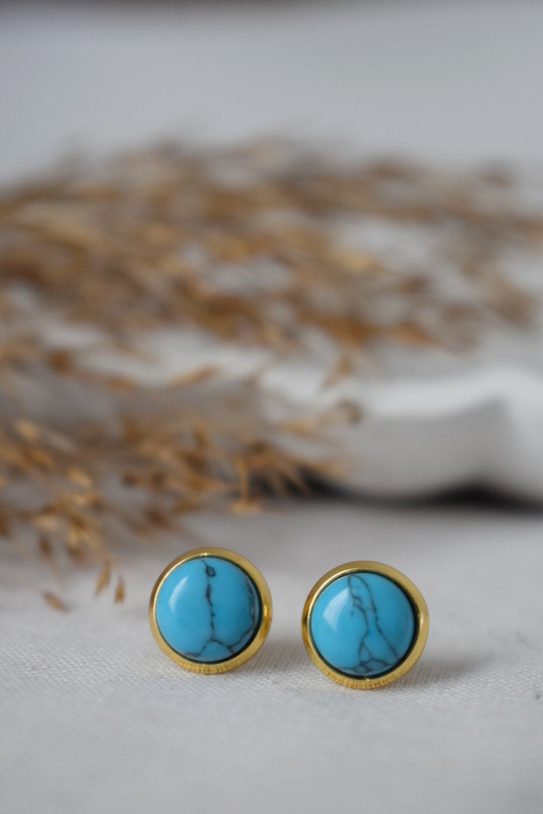 Small Turquoise Stud Earrings: 18k Gold Plated Stainless Steel