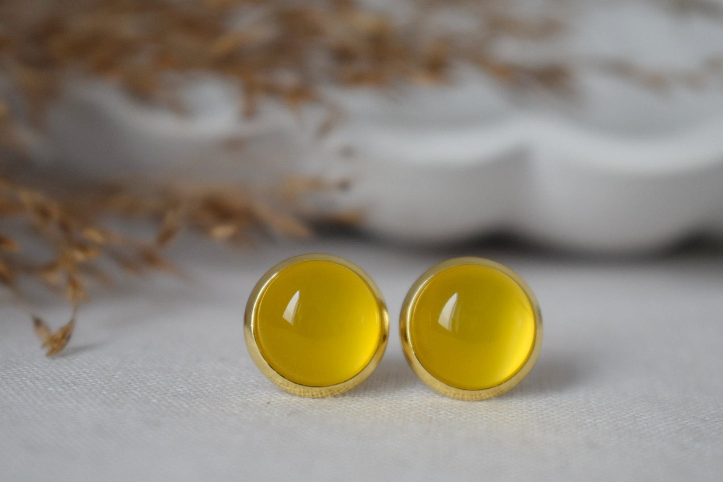 Gelbe Achat 8mm Ohrstecker vergoldet Edelstahl kleine runde Edelstein Ohrringe, Unisex Schmuck GeschenkBestes Weihnachtsgeschenk
