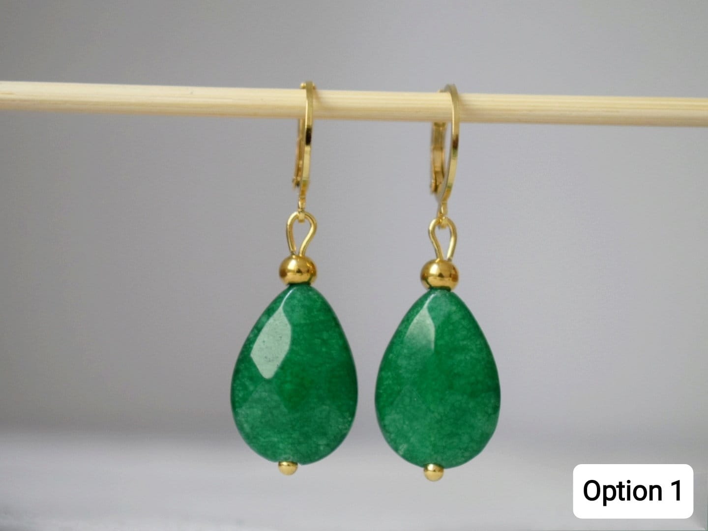 Green jade earrings gold, Teardrop dangling earrings, Green faceted gemstone drop huggies, Stone hoops, Green jade jewelry, Gift for her