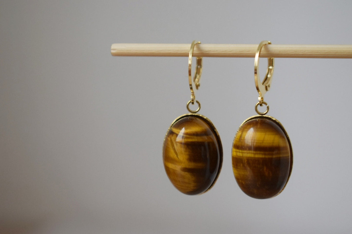 Tiger's Eye Dangle Earrings, Oval gemstone huggie hoops, Gold brown stone, Boho earrings, Unique jewelry, Gift for her