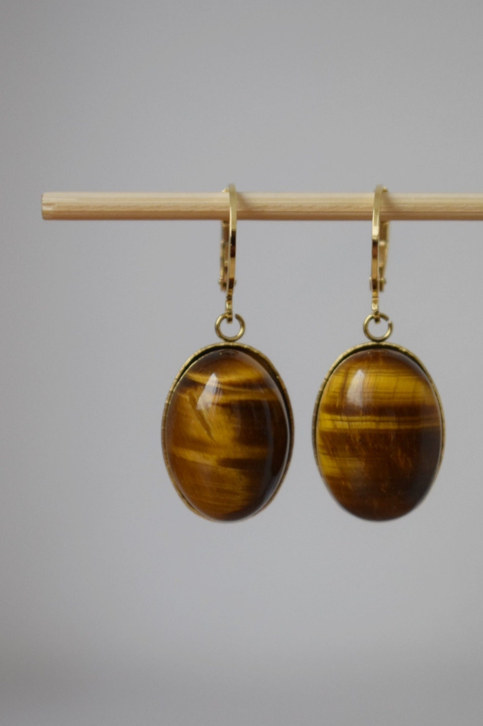 Tiger's Eye Dangle Earrings, Oval gemstone huggie hoops, Gold brown stone, Boho earrings, Unique jewelry, Gift for her