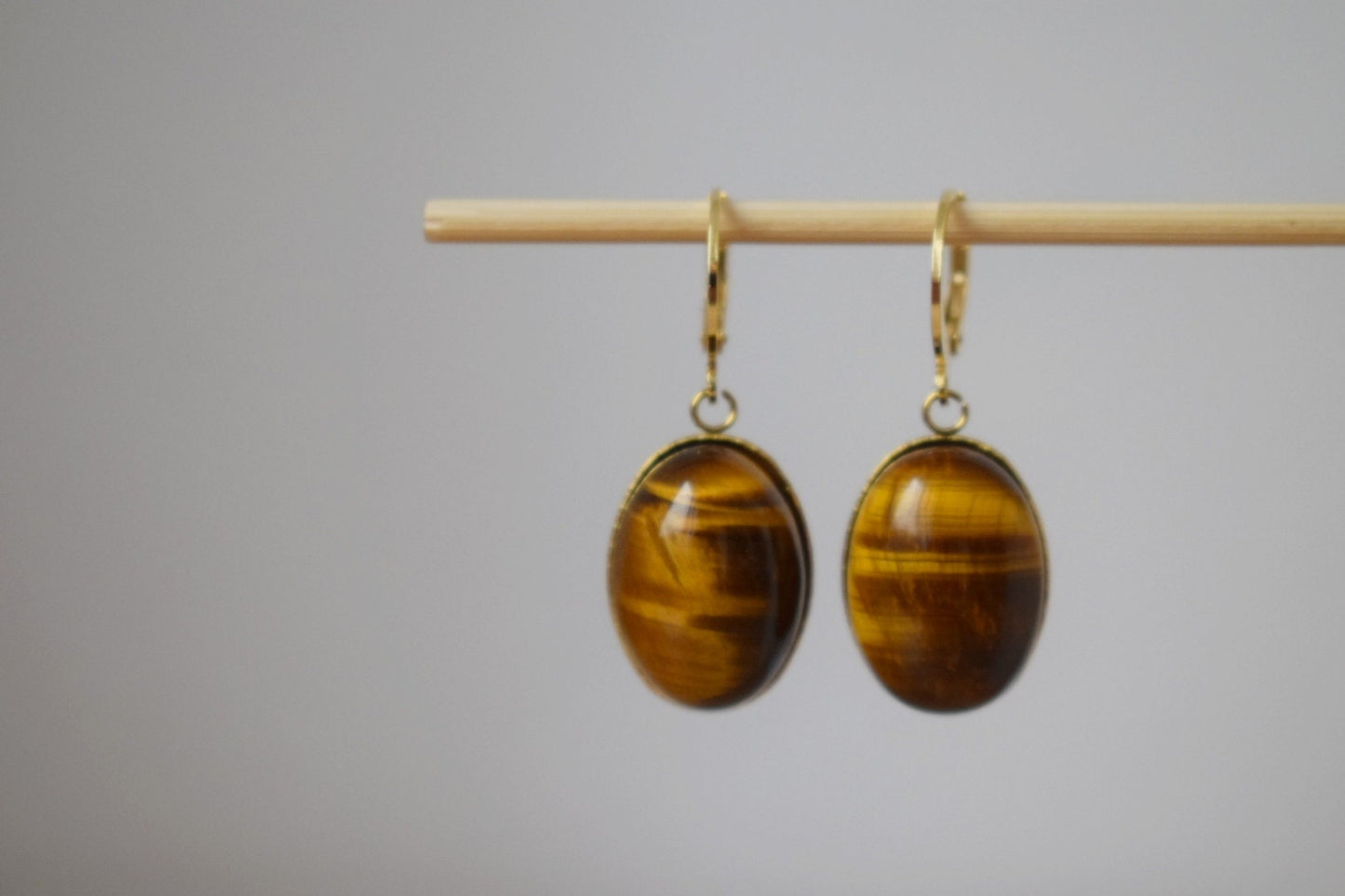 Tiger's Eye Dangle Earrings, Oval gemstone huggie hoops, Gold brown stone, Boho earrings, Unique jewelry, Gift for her