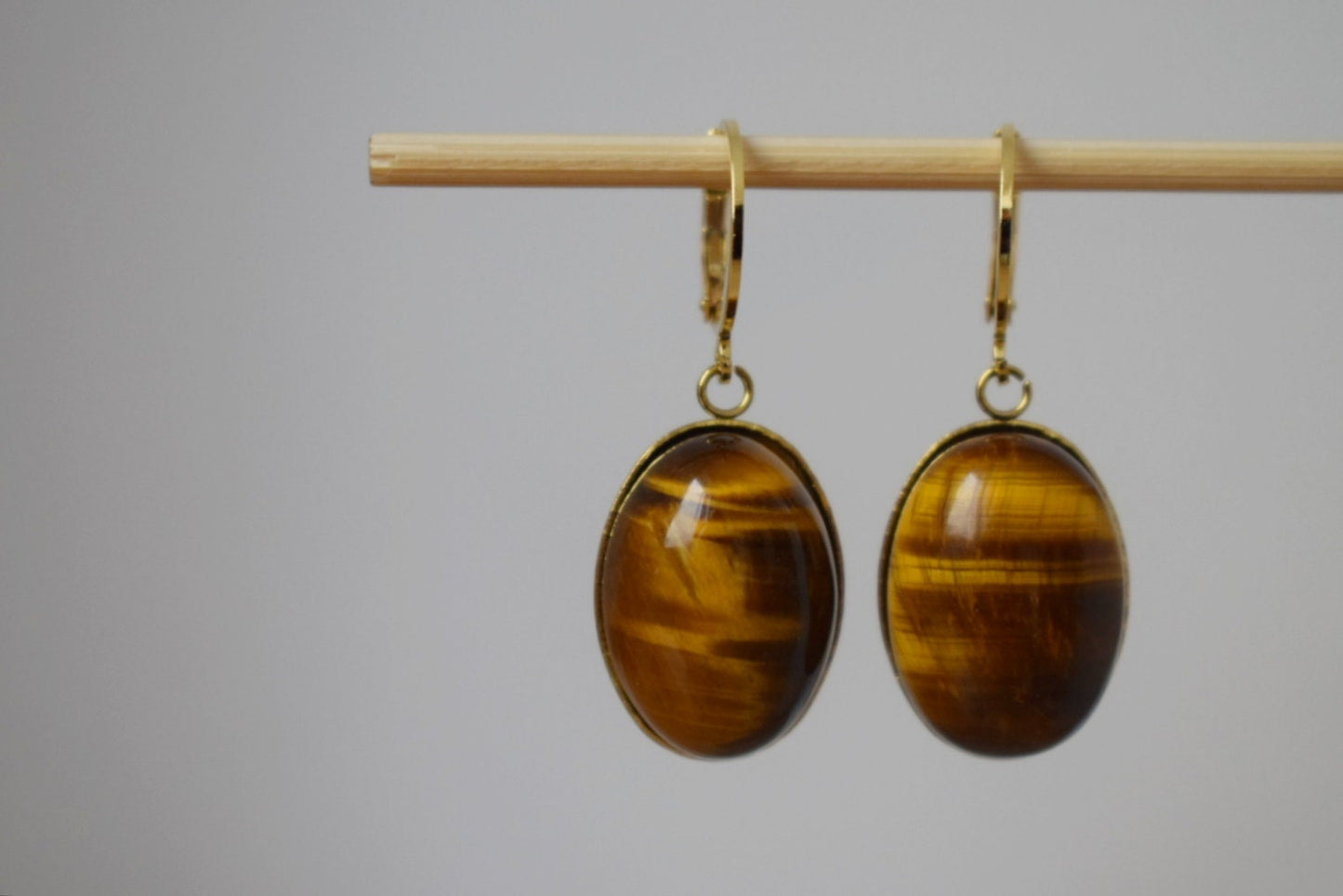 Tiger's Eye Dangle Earrings, Oval gemstone huggie hoops, Gold brown stone, Boho earrings, Unique jewelry, Gift for her