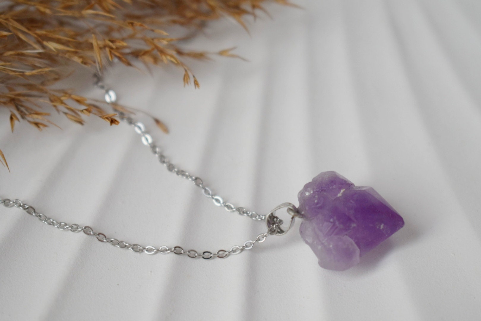 Amethyst Nugget Pendant Necklace: Stainless Steel, February Birthstone Jewelry