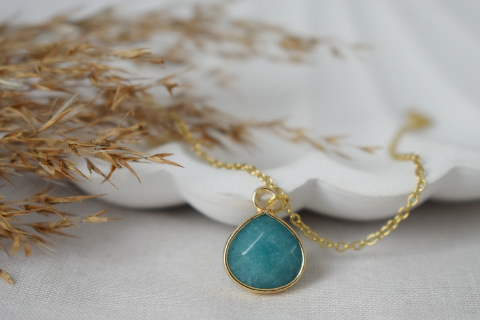 Teardrop Jade Pendant Necklace, 18k Gold Plated Chain