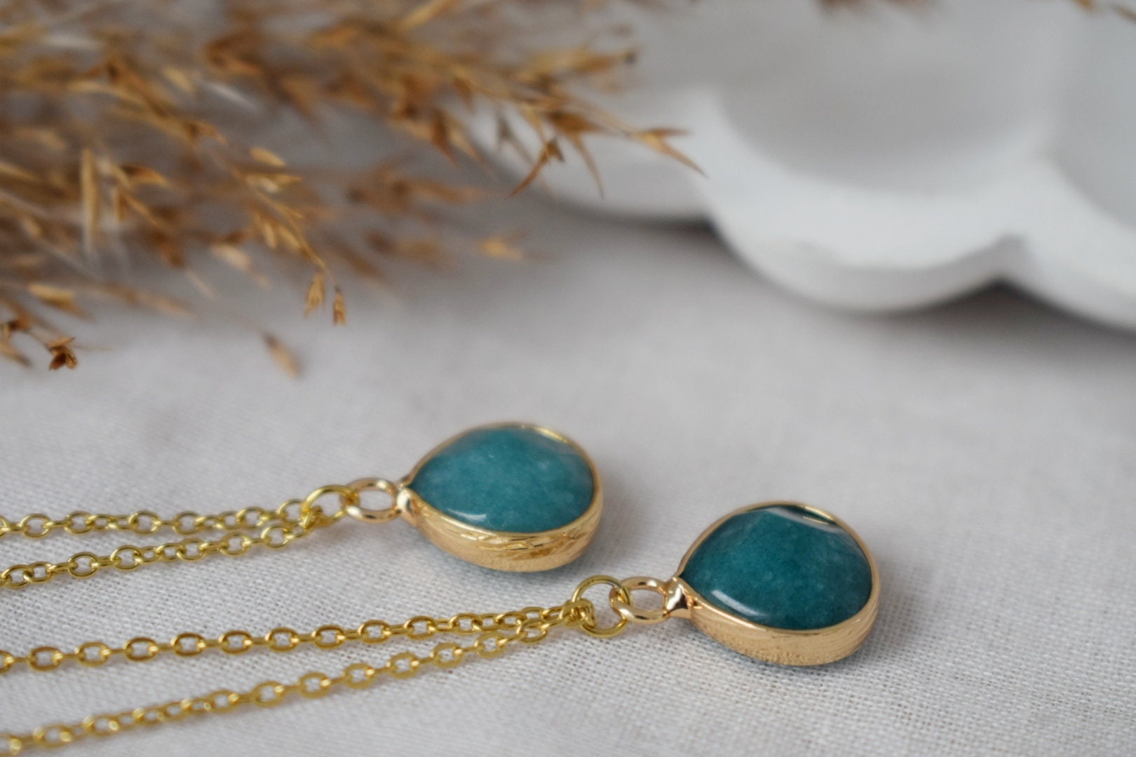 Teardrop Jade Pendant Necklace, 18k Gold Plated Chain