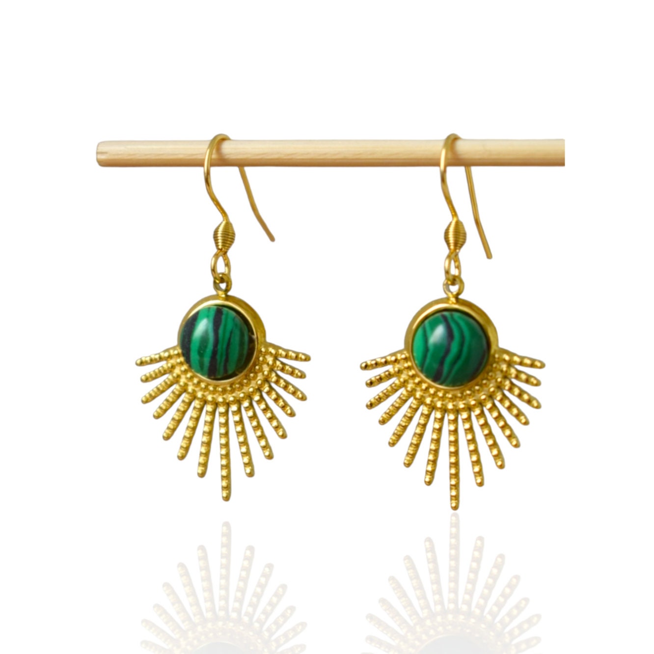 Tigerauge-Ohrringe Gold, Sonnenstrahlen-Ohrhänger, Sunburst, Braungold-Edelstein, 18 Karat vergoldeter Edelstahl, Himmlischer Schmuck