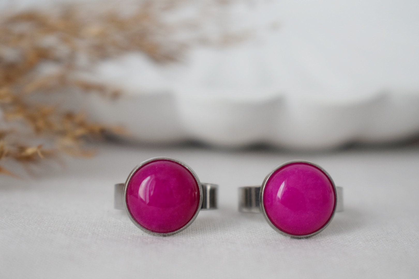 Magenta Pink Jade Ring: Adjustable Stainless Steel, Gemstone Jewelry, Gift For Her