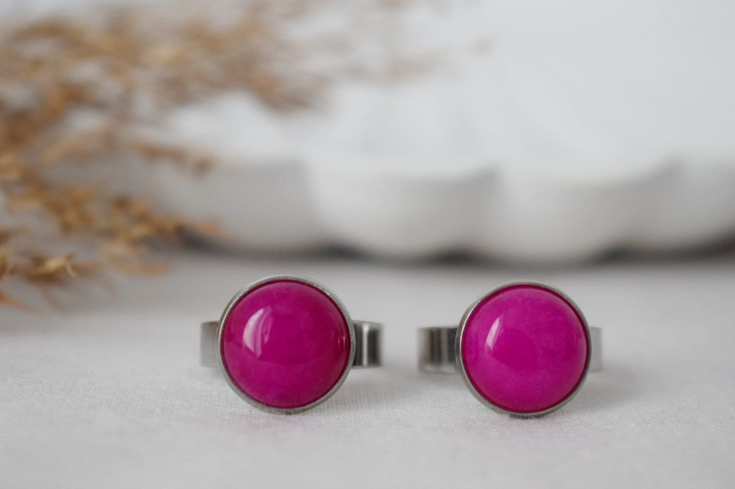 Pinker Jadering, Magenta Pink, Statement Edelstein verstellbarer Ring Damen, Runder Steinring, Pink Silber Farbe, Schmuck Geburtstagsgeschenk Sie