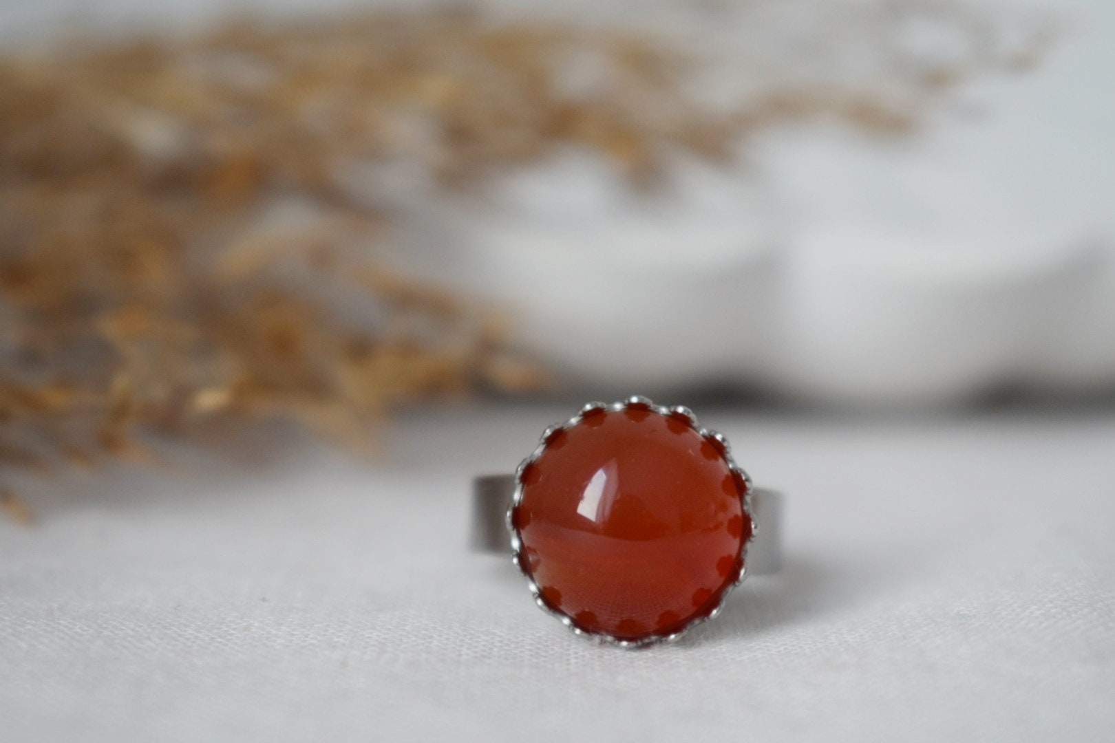 Red Agate Ring: Stainless Steel Adjustable Gemstone Jewelry
