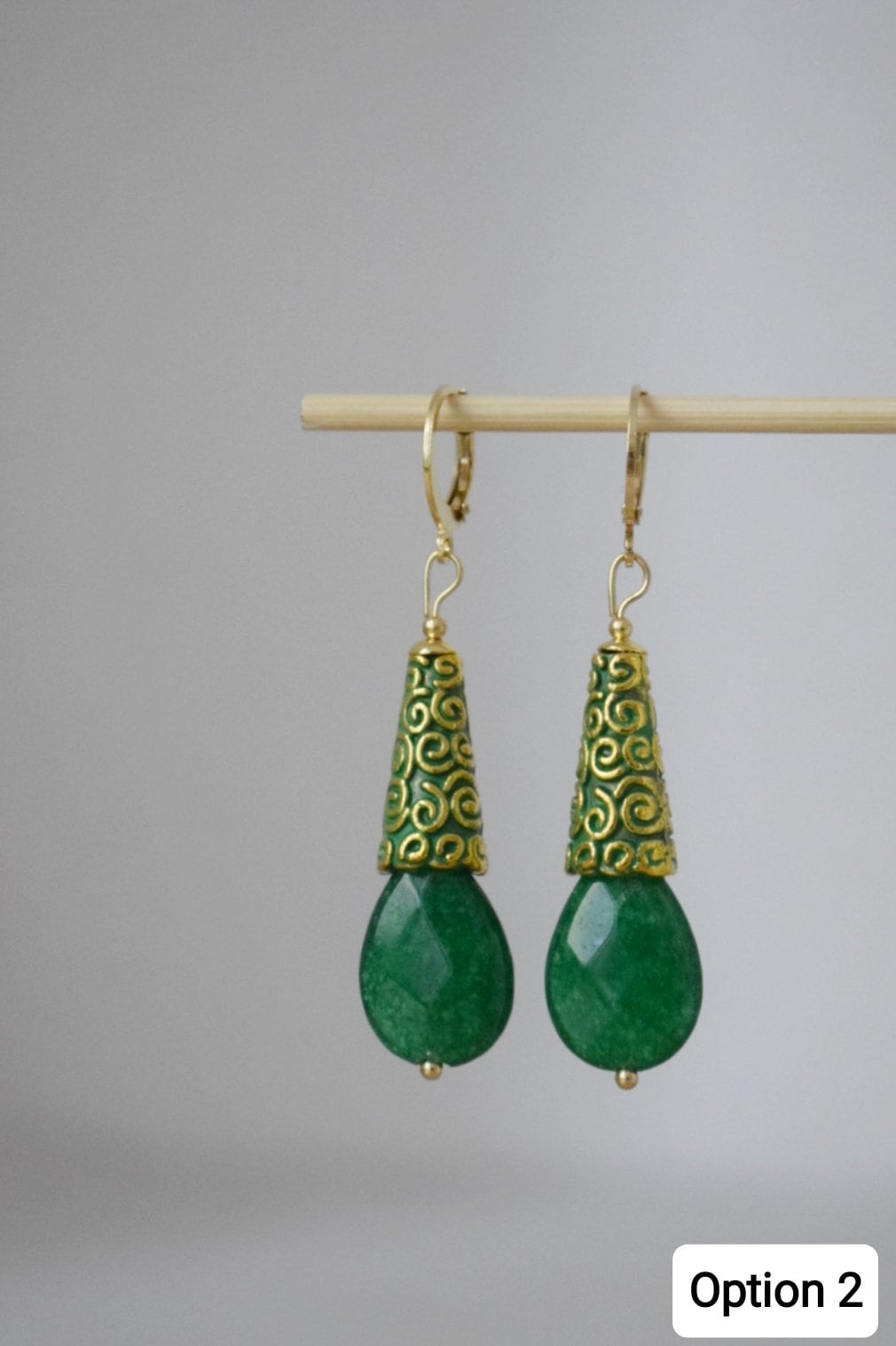 Green jade earrings gold, Teardrop dangling earrings, Green faceted gemstone drop huggies, Stone hoops, Green jade jewelry, Gift for her