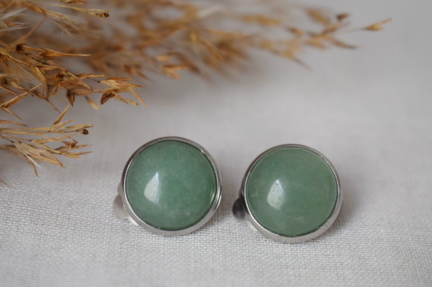 Green aventurine clip on earrings for women, Natural Gemstone ear clips, Non pierced jewelry