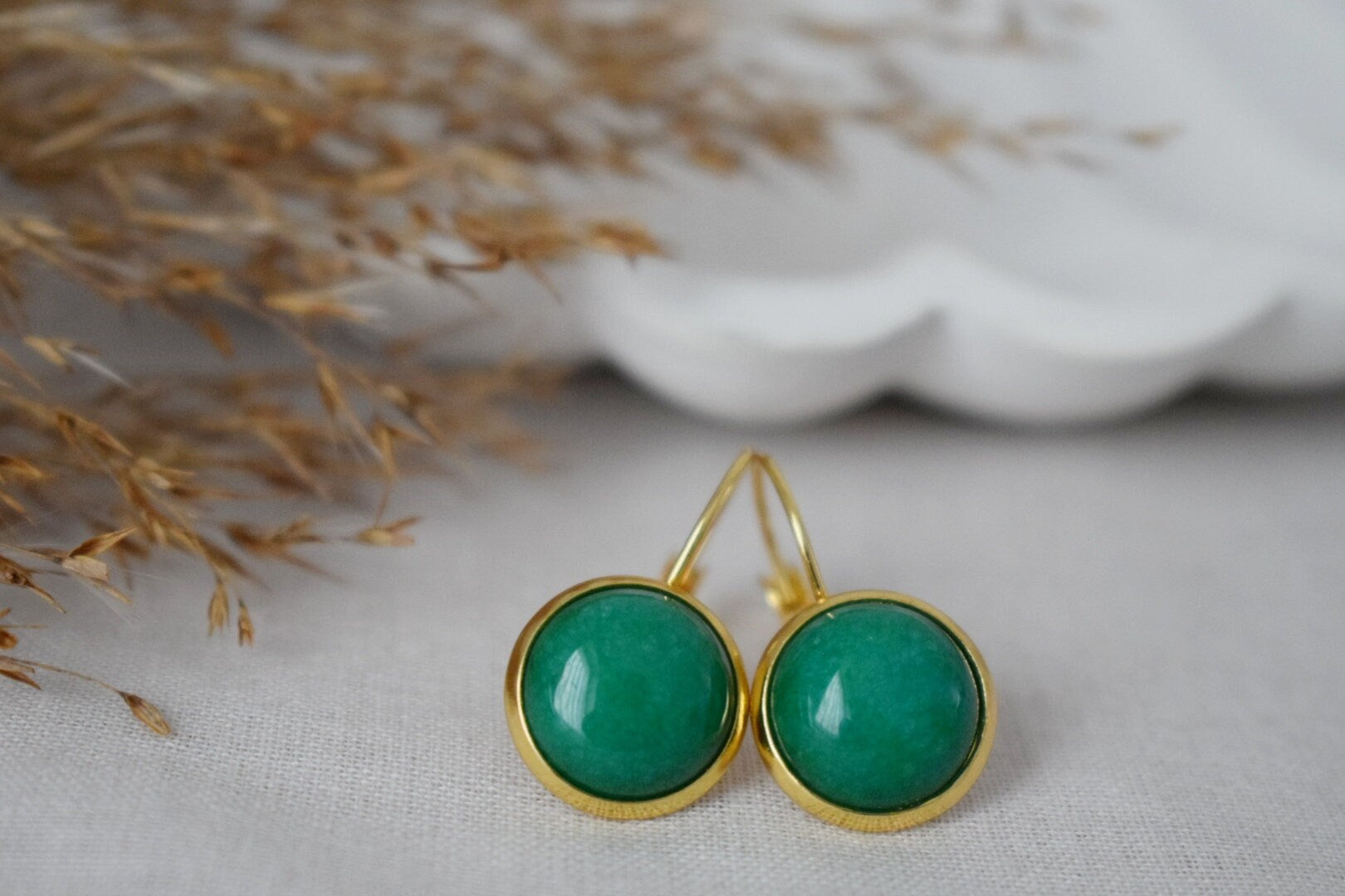 Green Jade Earrings, 18k Gold Plated Lever-back Gemstone Jewelry