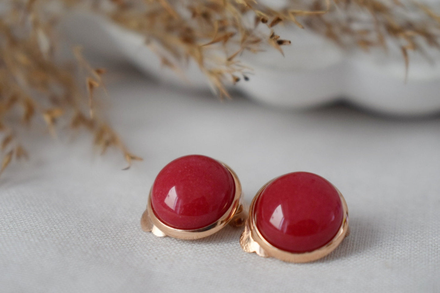 Red jade clip on earrings, Rose gold Gemstone, Non pierced Jewelry
