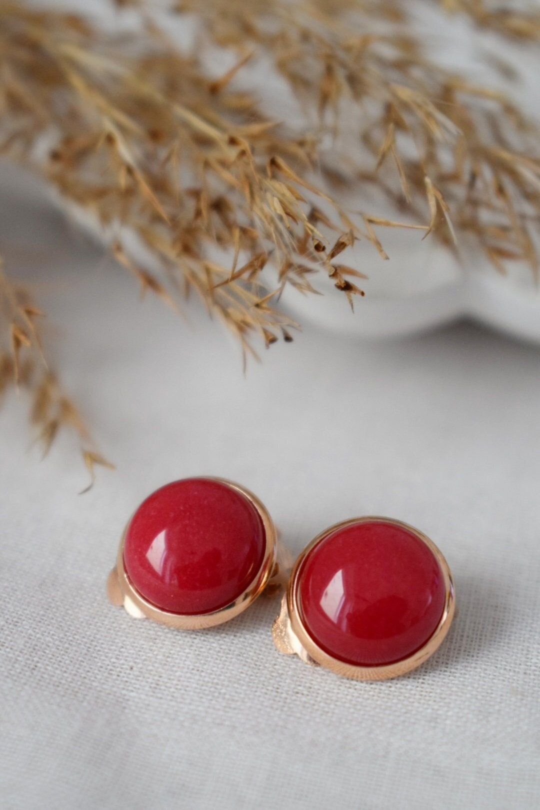 Red jade clip on earrings, Rose gold Gemstone, Non pierced Jewelry