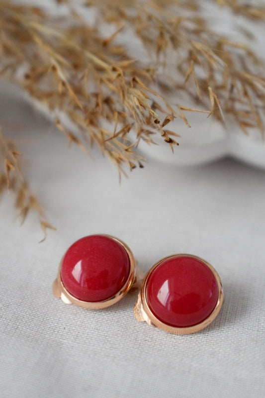 Red jade clip on earrings, Rose gold Gemstone, Non pierced Jewelry