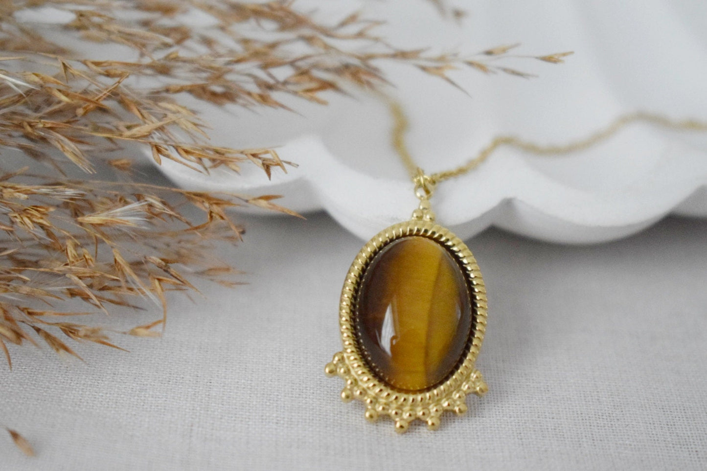 Tigerauge Halskette Gold, Ovale Edelstein Viktorianische Halskette für Frauen, Einzigartiger Anhänger, Stein Statement Halskette, Bestes Schmuck Geschenk für Sie