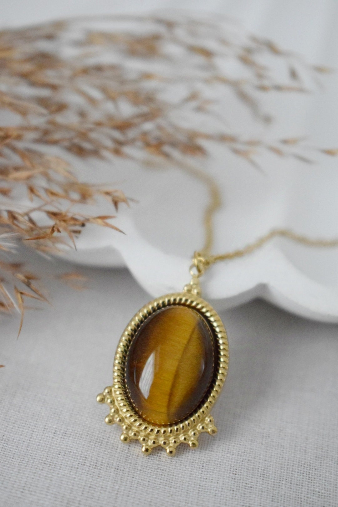 Tigerauge Halskette Gold, Ovale Edelstein Viktorianische Halskette für Frauen, Einzigartiger Anhänger, Stein Statement Halskette, Bestes Schmuck Geschenk für Sie