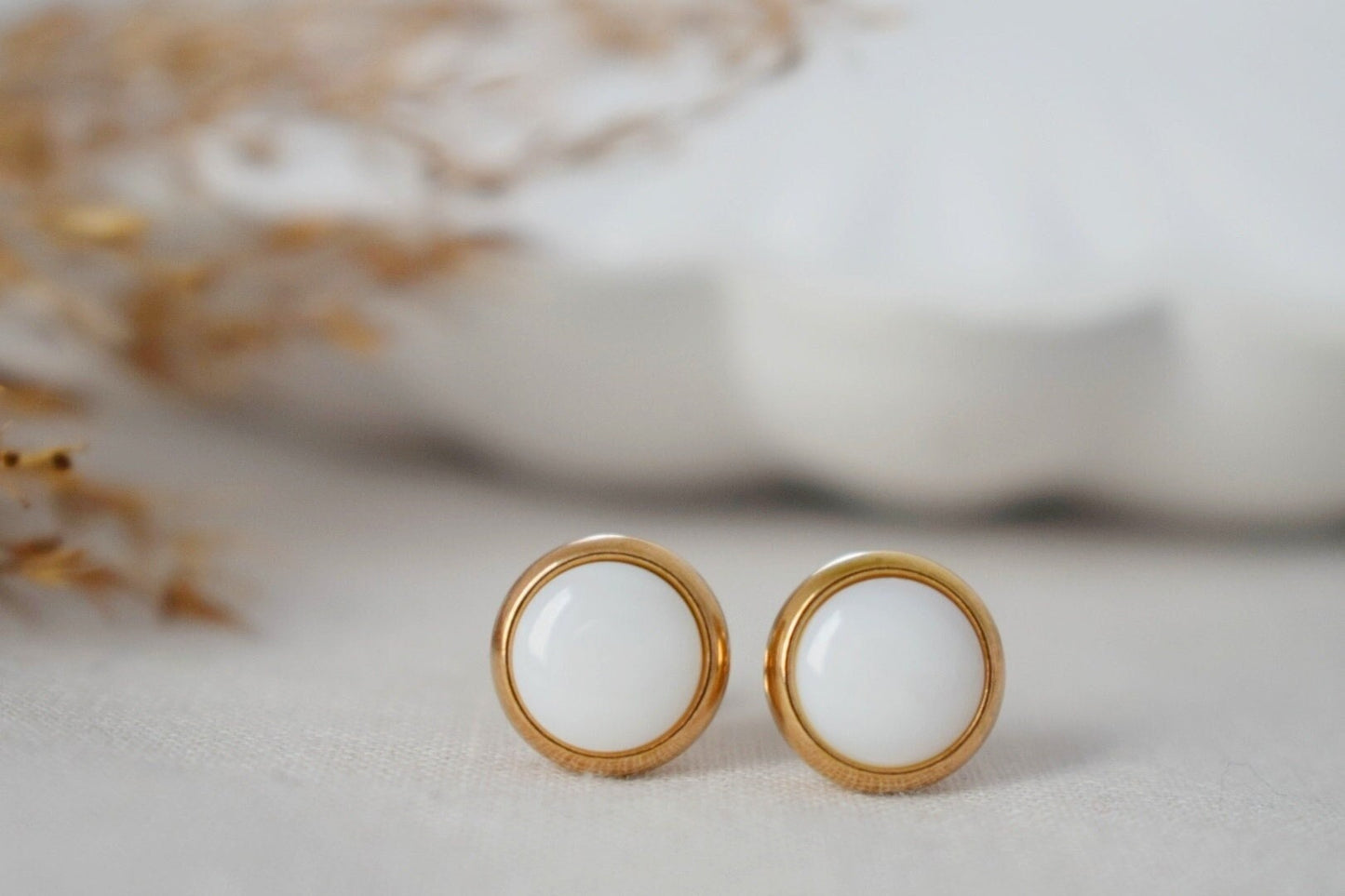 Perlmutt Ohrstecker, Roségold, Kleine Ohrstecker, 8mm, Weiße Perle, Rund, Edelstahl, Perlen Roségold Schmuck, Geschenk Damen