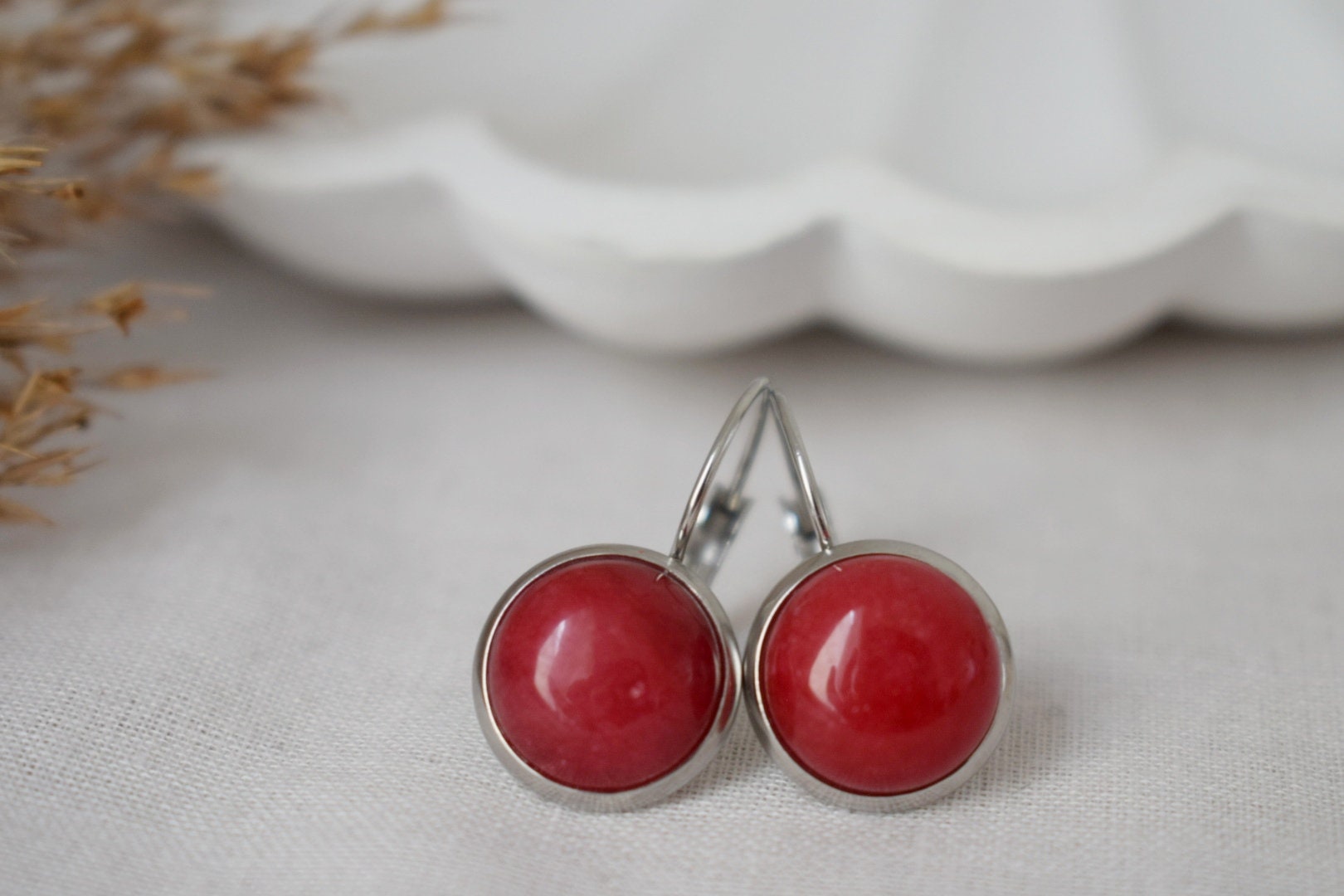 Red Jade Stainless Steel Lever Back Earrings, Round Stone Jewelry
