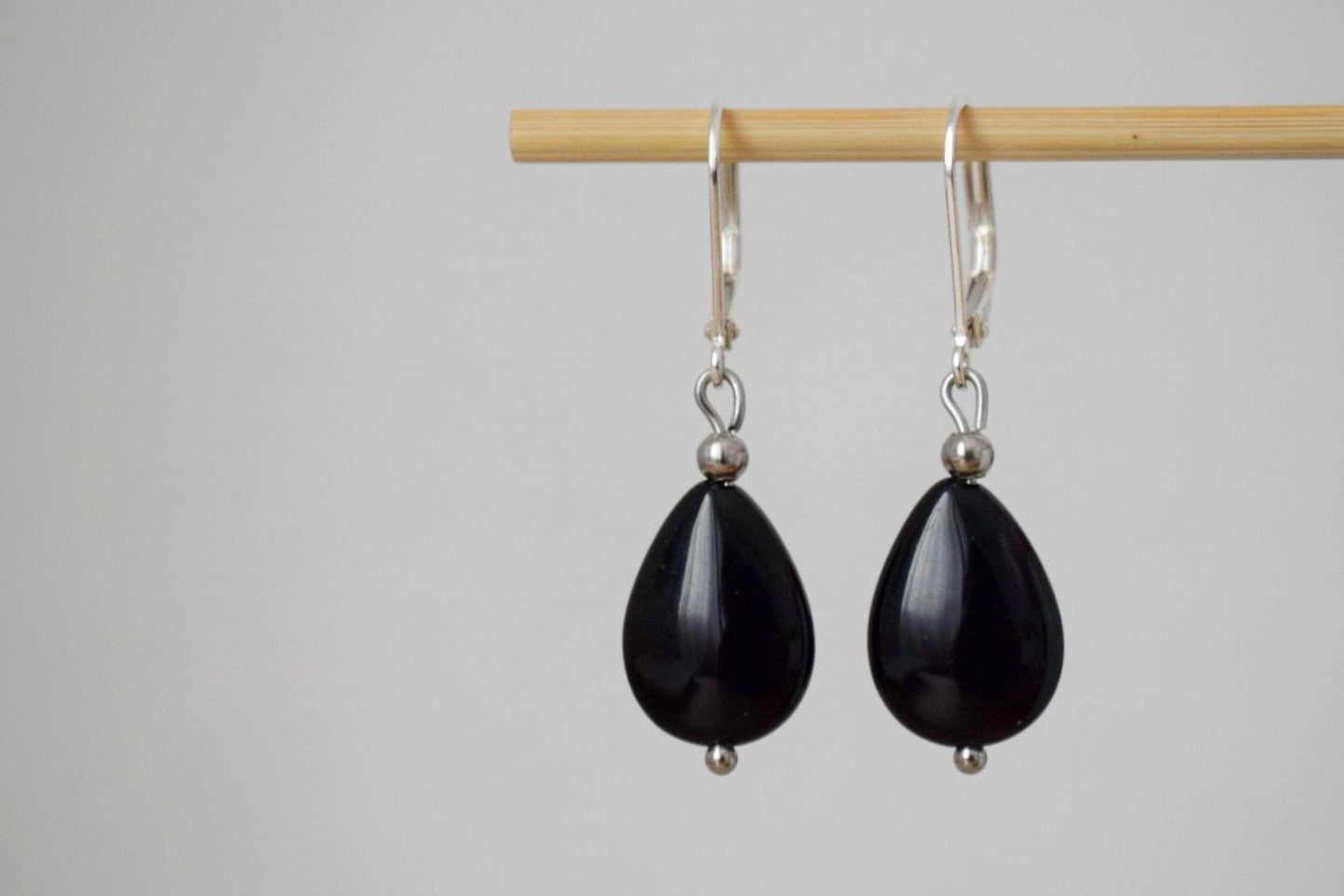 Black Onyx Teardrop Earrings: Sterling Silver Huggies, Boho Chic Jewelry