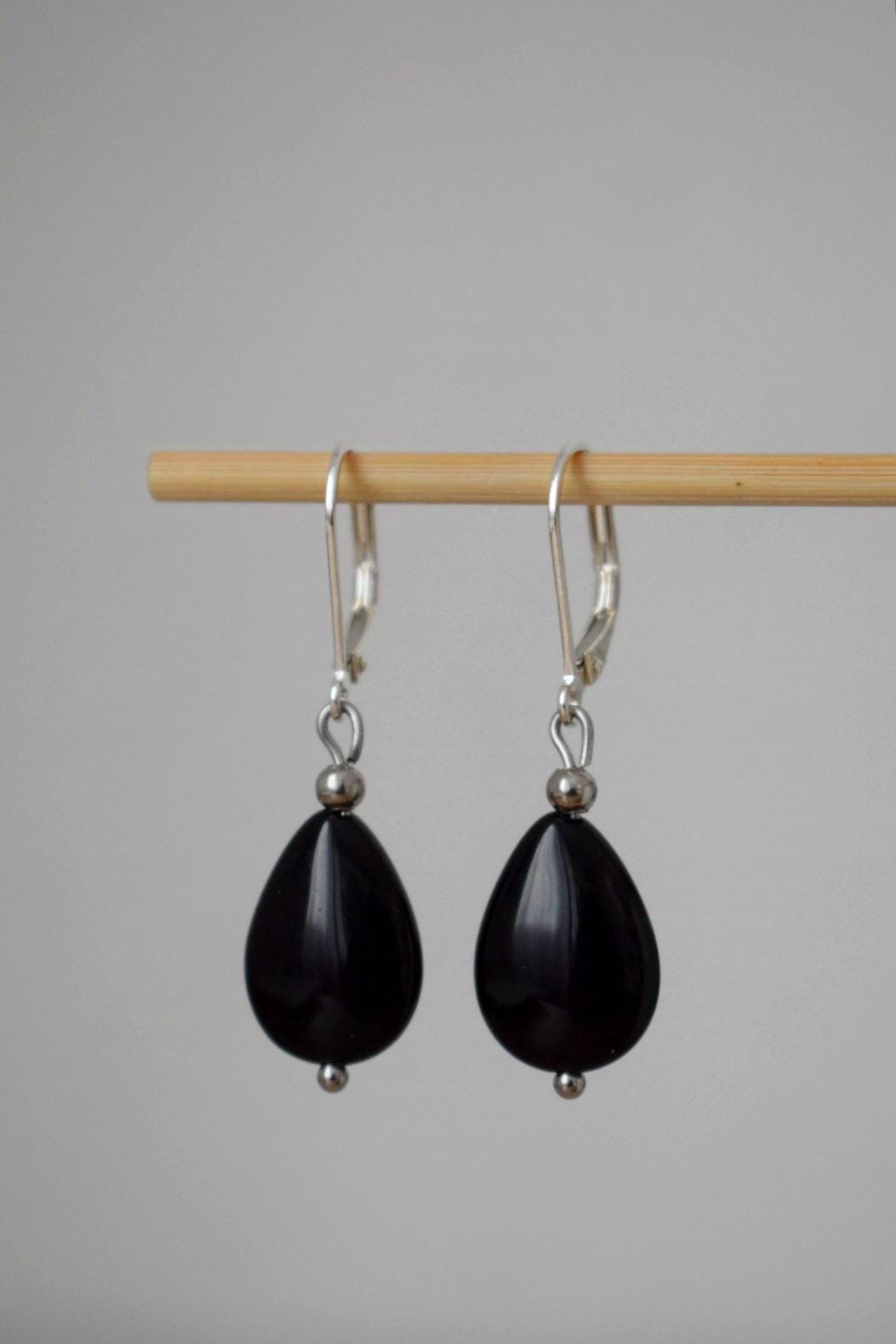 Black Onyx Teardrop Earrings: Sterling Silver Huggies, Boho Chic Jewelry