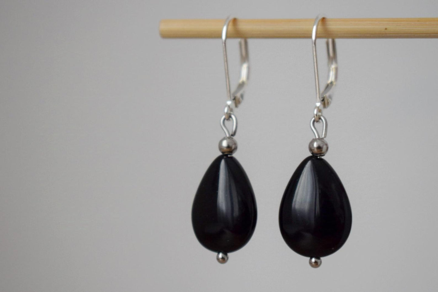 Black Onyx Teardrop Earrings: Sterling Silver Huggies, Boho Chic Jewelry