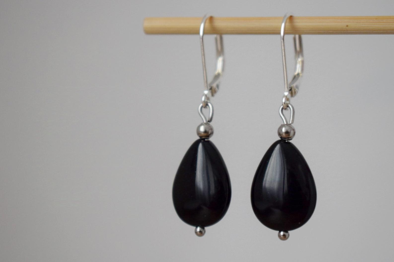 Black Onyx Teardrop Earrings: Sterling Silver Huggies, Boho Chic Jewelry