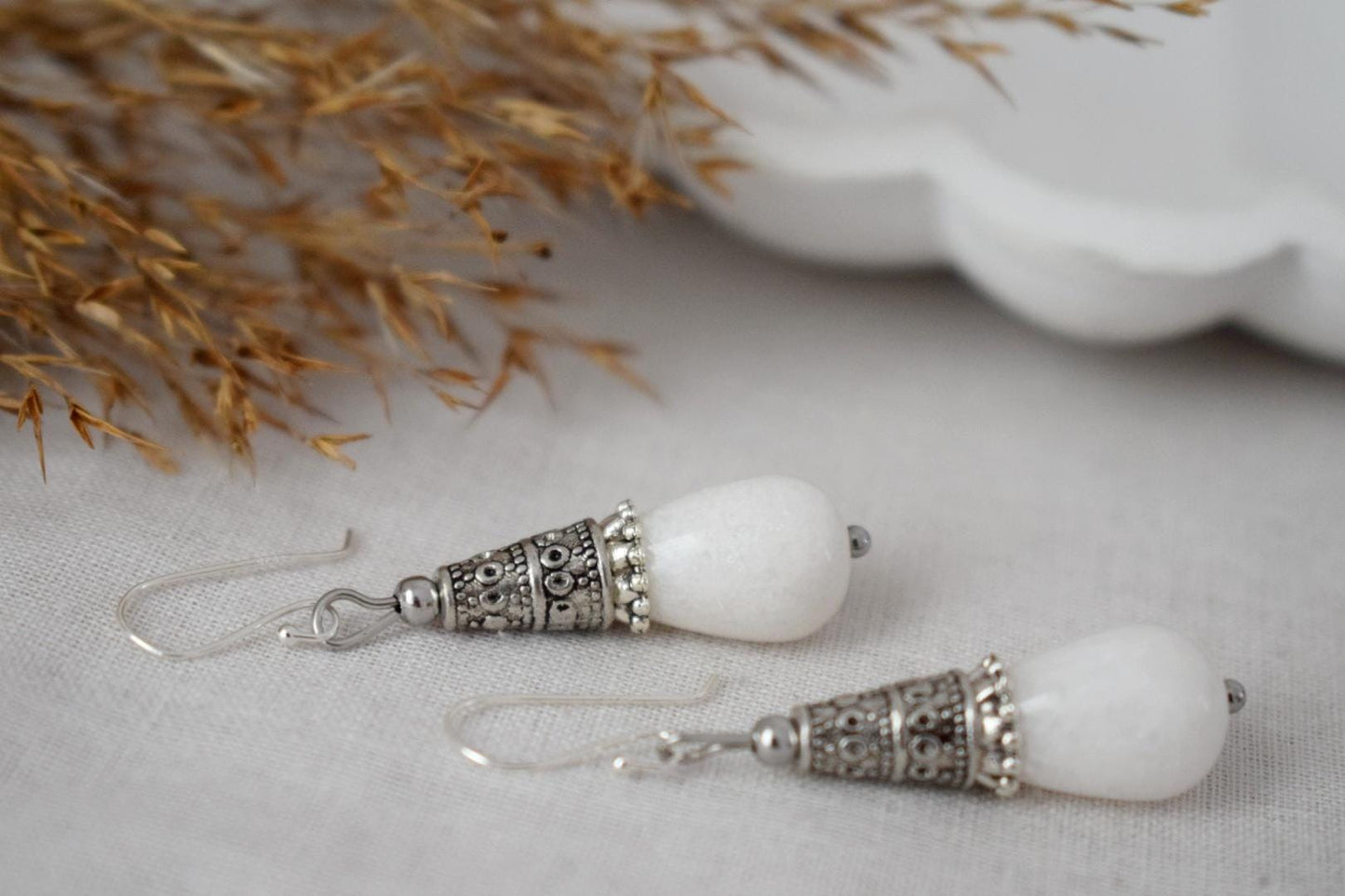Weiße Jade Tropfen Ohrringe Geschenk für Frauen, Vintage, Sterling Silber Ohrhänger, Boho Chic Ohrringe, Edelstein Handgemachter Schmuck