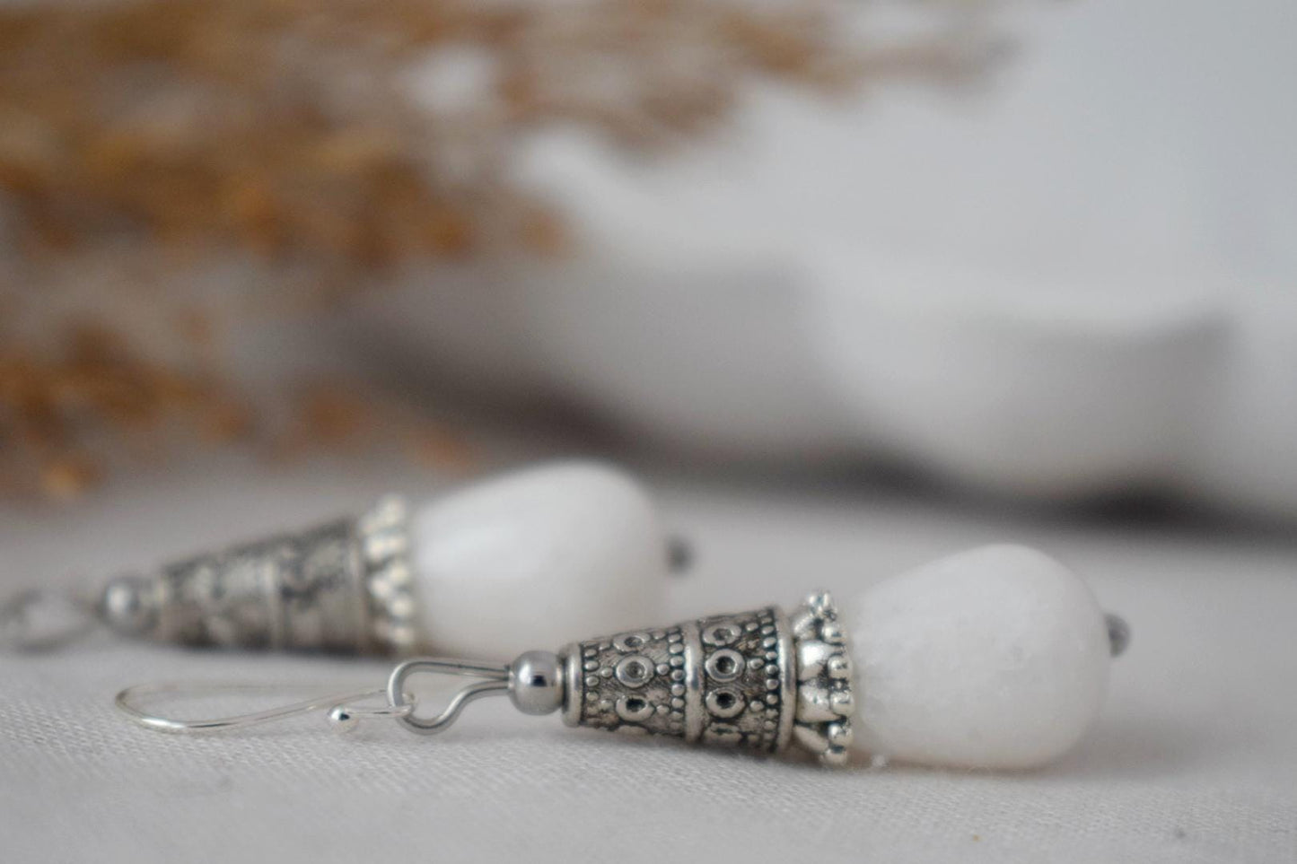 Weiße Jade Tropfen Ohrringe Geschenk für Frauen, Vintage, Sterling Silber Ohrhänger, Boho Chic Ohrringe, Edelstein Handgemachter Schmuck
