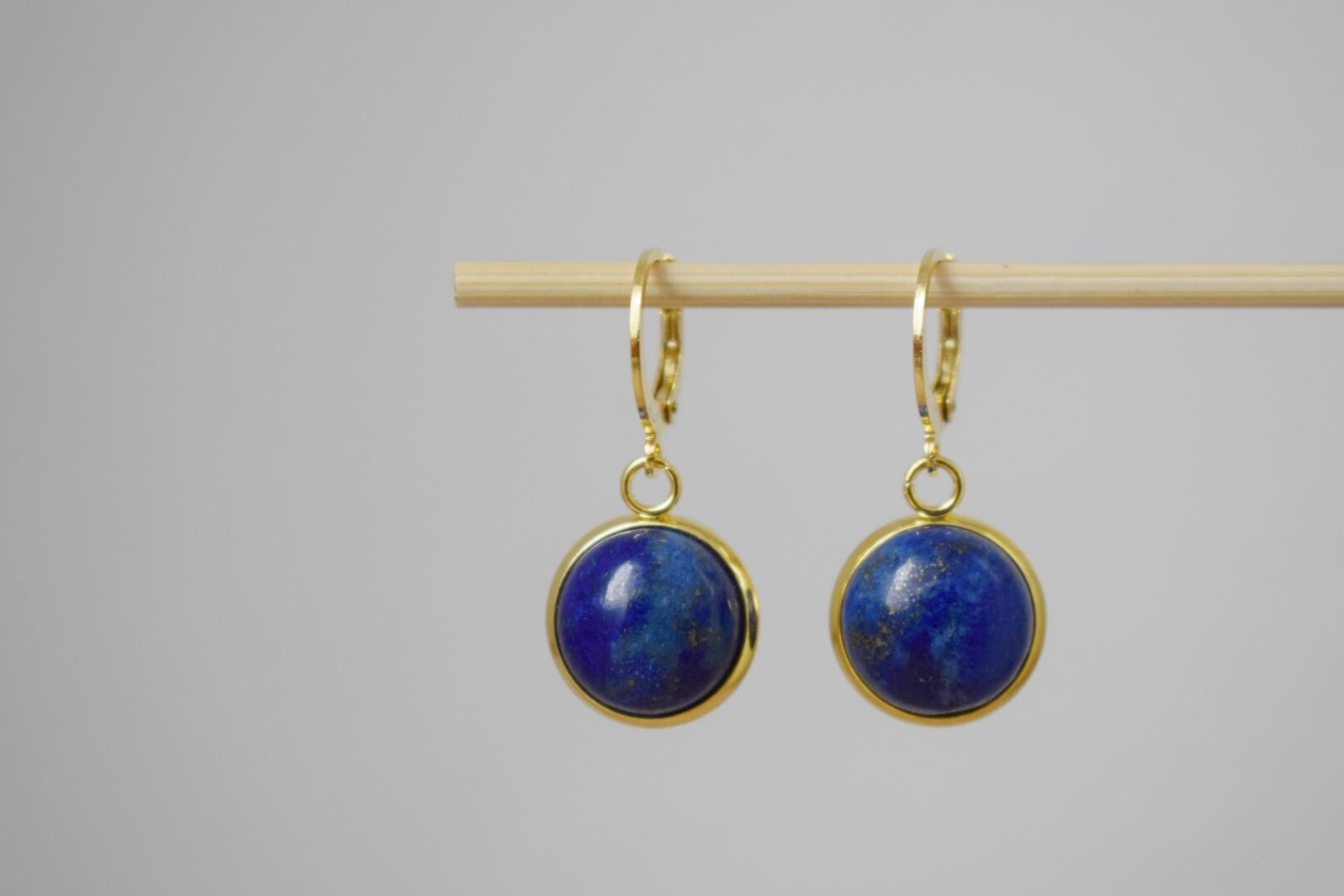 Lapis Lazuli Dangle Earrings: 24k Gold Plated Huggie Hoops, Minimalist Stone Jewelry, Gift for her