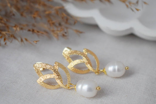 Blattohrstecker mit Süßwasserperle, Jugendstil Ohrhänger, Hochzeitsschmuck, Bestes Geschenk für Sie