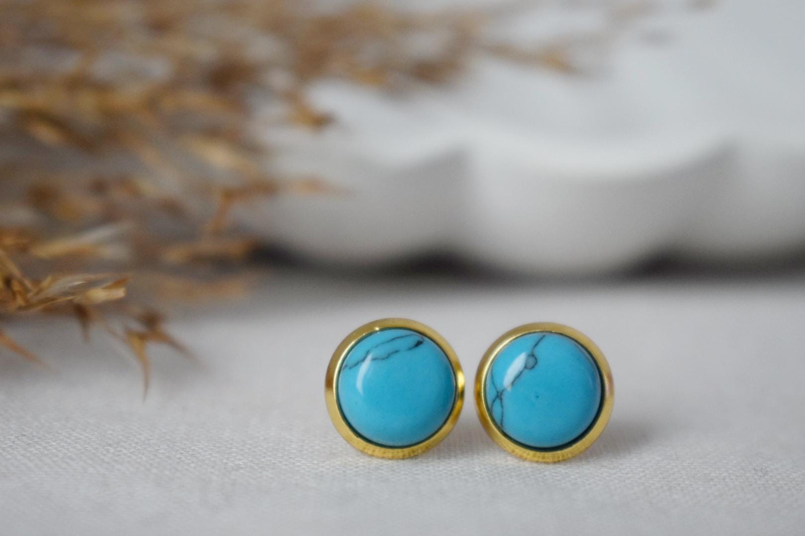 Small Turquoise Stud Earrings: 18k Gold Plated Stainless Steel