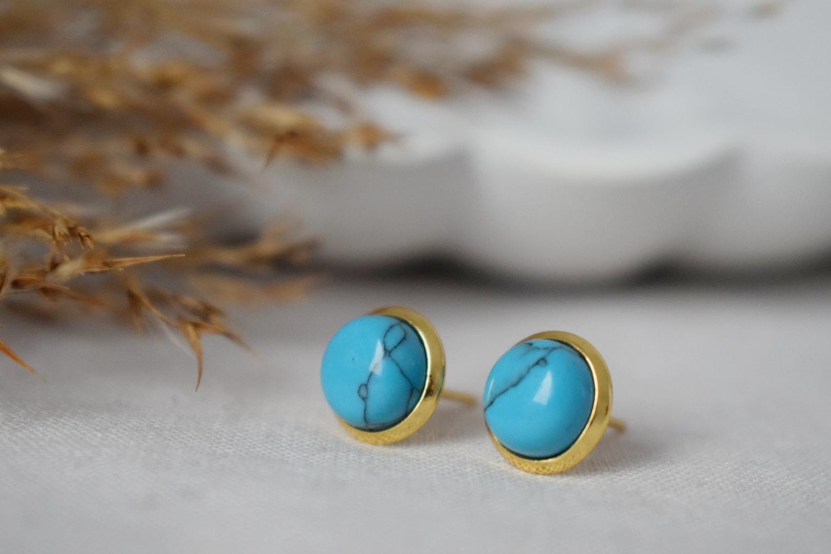 Small Turquoise Stud Earrings: 18k Gold Plated Stainless Steel