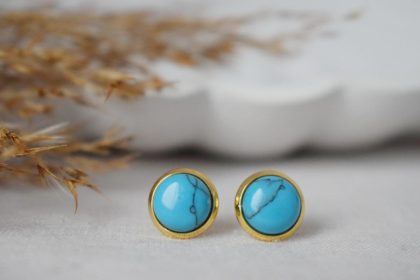 Small Turquoise Stud Earrings: 18k Gold Plated Stainless Steel