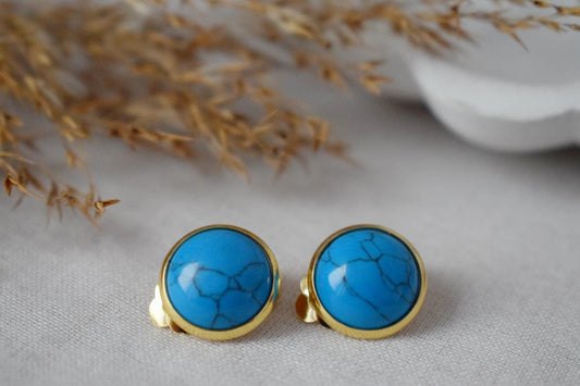 Turquoise clip on earrings, Blue ear clips, Lightweight non pierced earrings, No hole jewelry