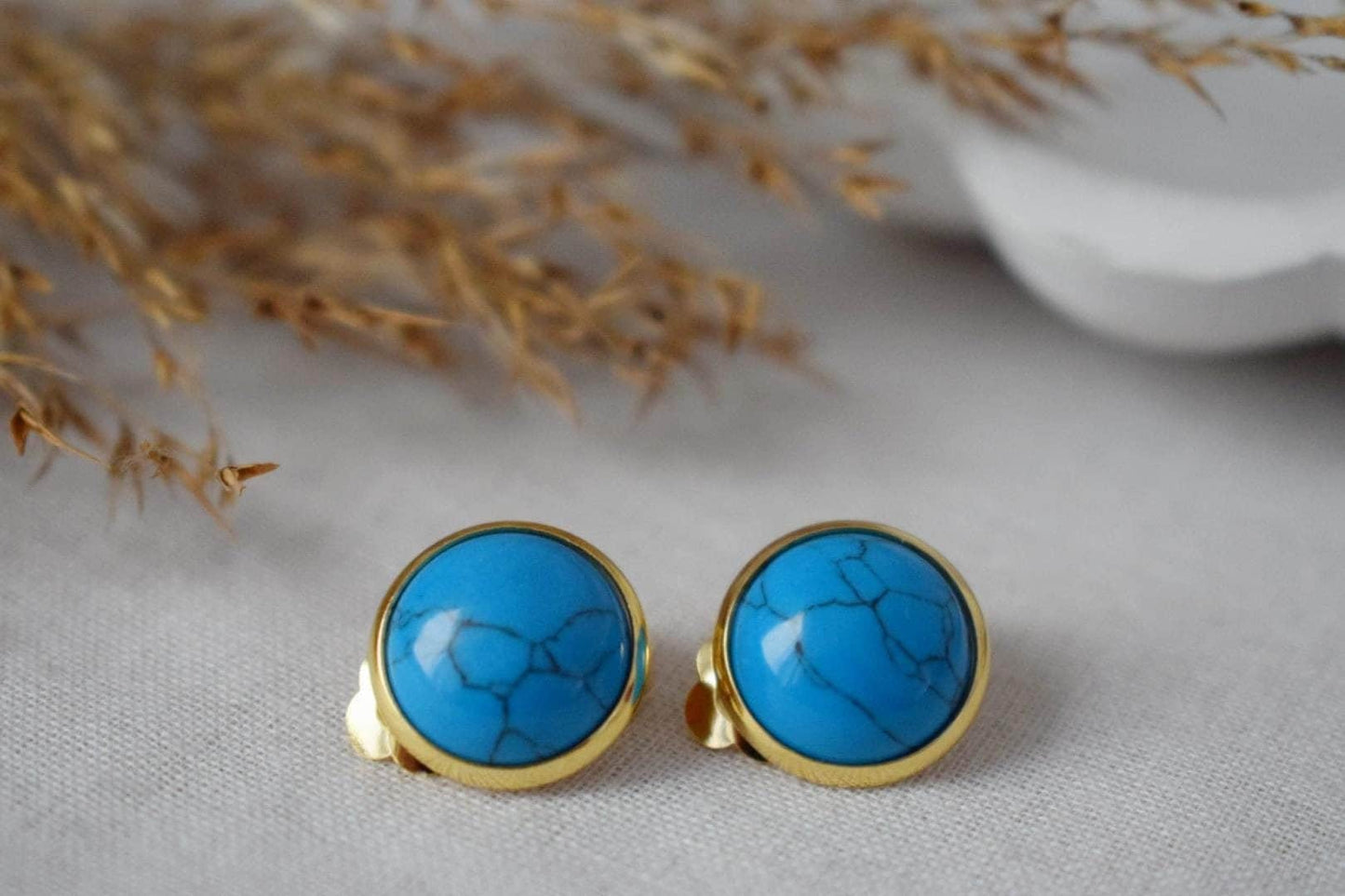 Türkisfarbene Ohrclips, Blaue Edelstein Ohrclips, Leichte, nicht durchbohrte Ohrringe, Ohrringe ohne Loch, handgefertigter Schmuck, Geschenk für Sie