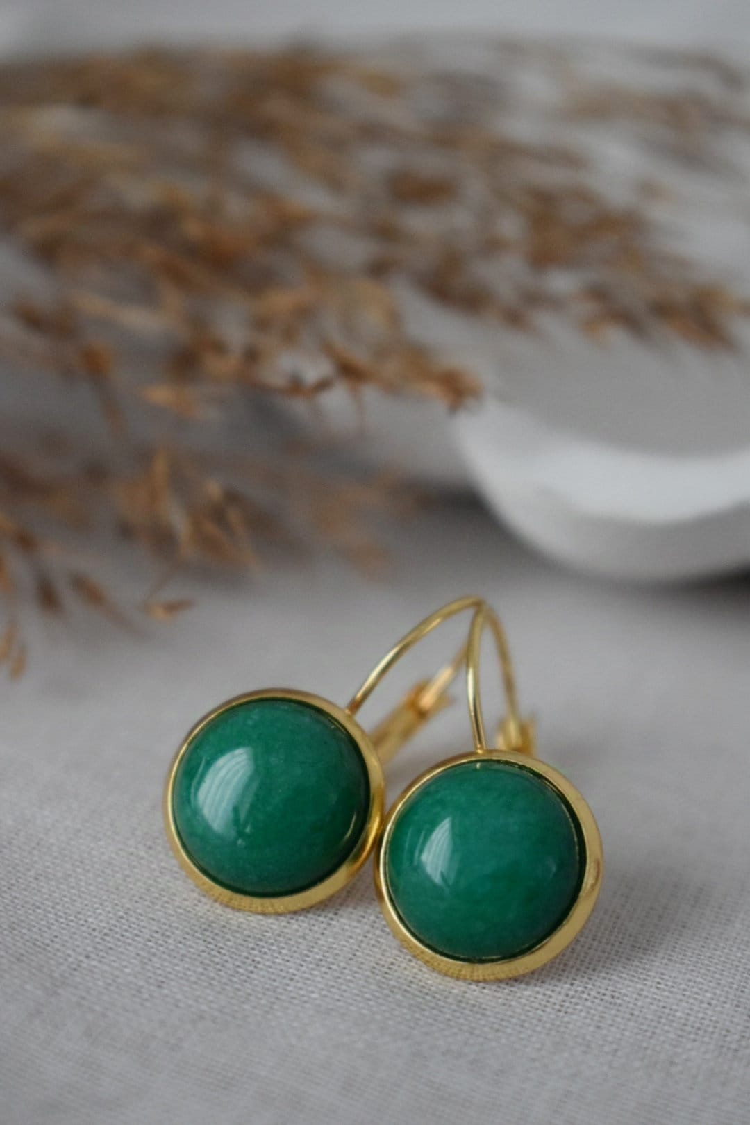 Green Jade Earrings, 18k Gold Plated Lever-back Gemstone Jewelry