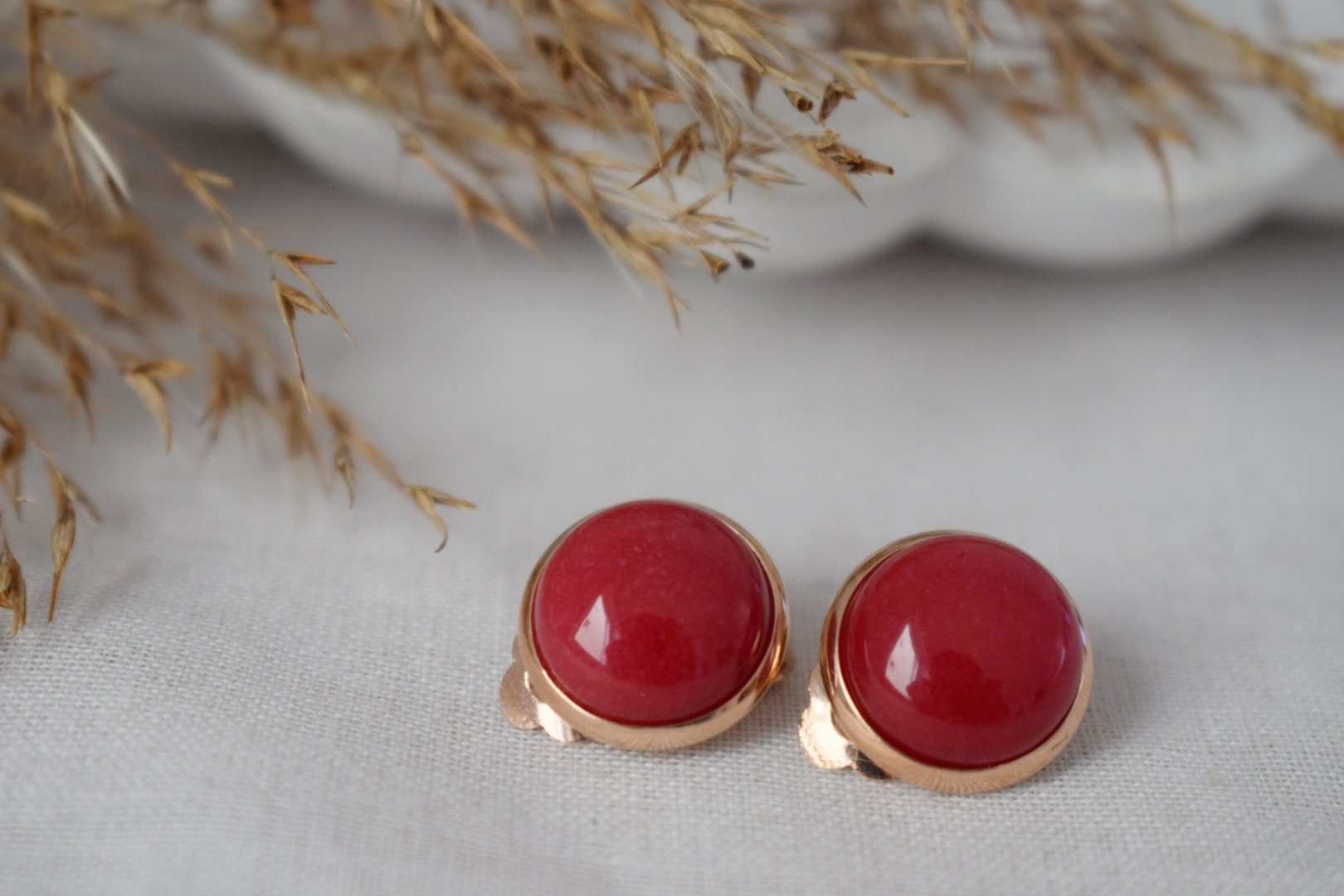 Red jade clip on earrings, Rose gold Gemstone, Non pierced Jewelry