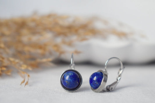 Kleine Lapislazuli-Ohrringe, Blaue Edelstein-Ohrringe, 10 mm Leverback-Ohrringe, runder Stein, September-Geburtsstein-Schmuck, Geschenk