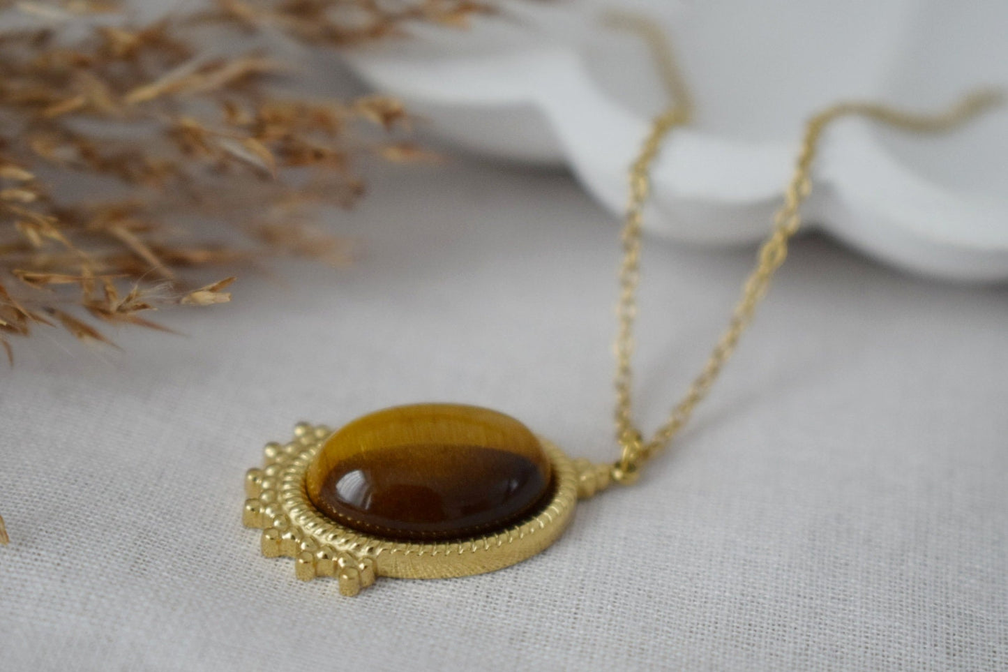 Tigerauge Halskette Gold, Ovale Edelstein Viktorianische Halskette für Frauen, Einzigartiger Anhänger, Stein Statement Halskette, Bestes Schmuck Geschenk für Sie
