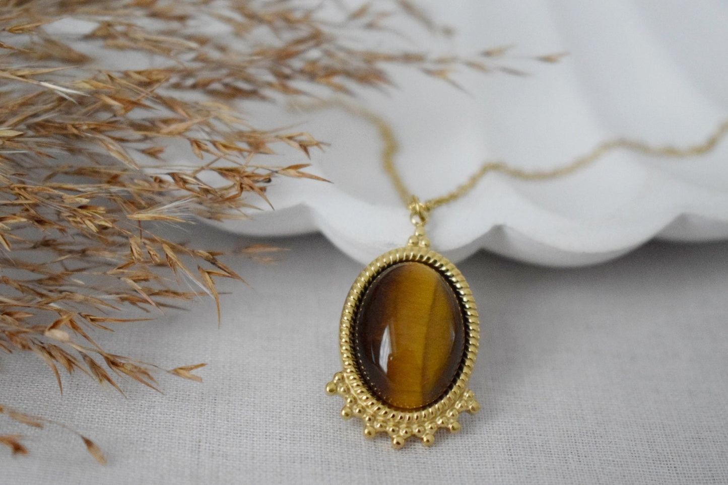 Tigerauge Halskette Gold, Ovale Edelstein Viktorianische Halskette für Frauen, Einzigartiger Anhänger, Stein Statement Halskette, Bestes Schmuck Geschenk für Sie