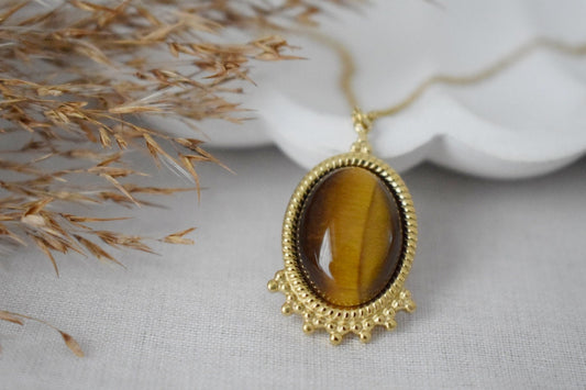 Tigerauge Halskette Gold, Ovale Edelstein Viktorianische Halskette für Frauen, Einzigartiger Anhänger, Stein Statement Halskette, Bestes Schmuck Geschenk für Sie