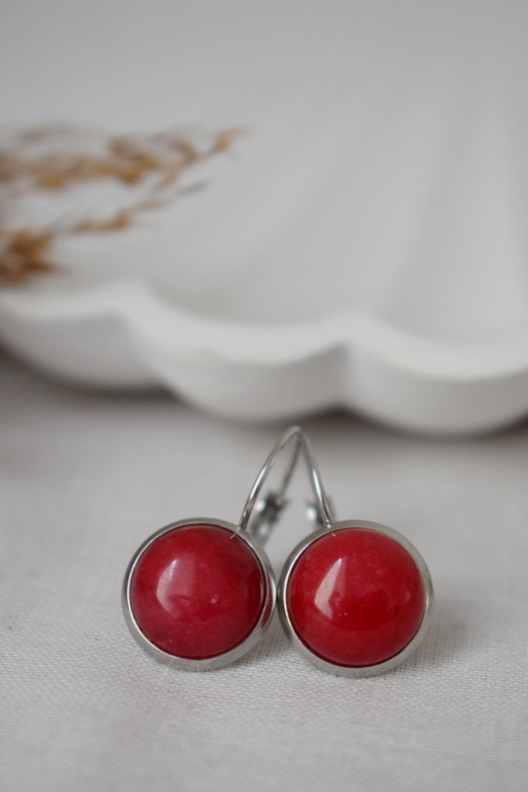 Red Jade Stainless Steel Lever Back Earrings, Round Stone Jewelry