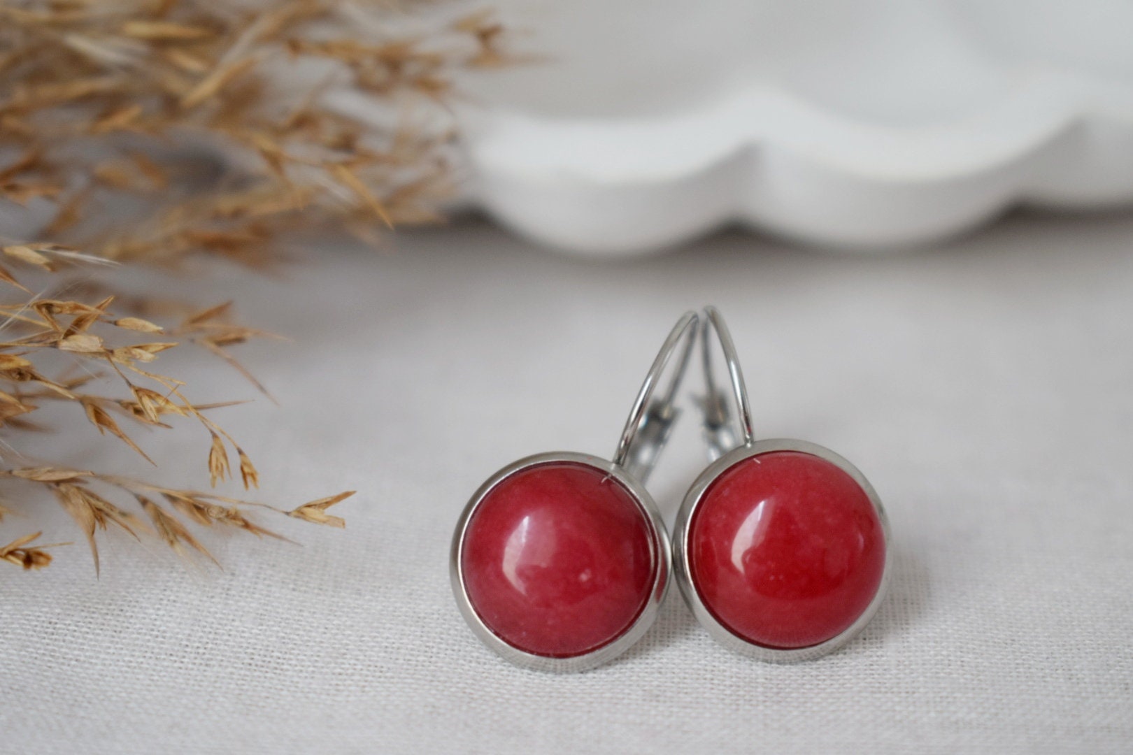 Red Jade Stainless Steel Lever Back Earrings, Round Stone Jewelry